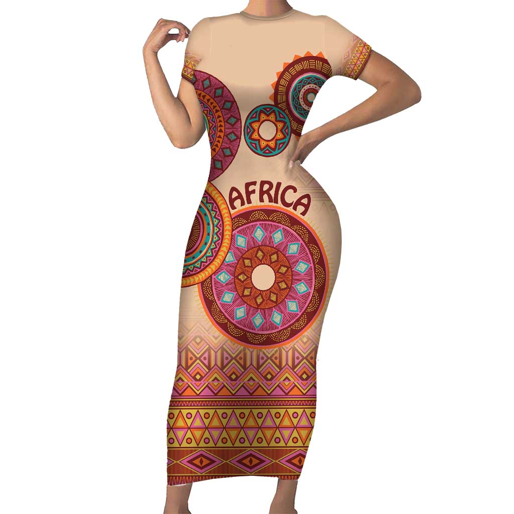 Africa Tribal Traditional Pattern Family Matching Short Sleeve Bodycon Dress and Hawaiian Shirt Beige Motif - Wonder Print Shop