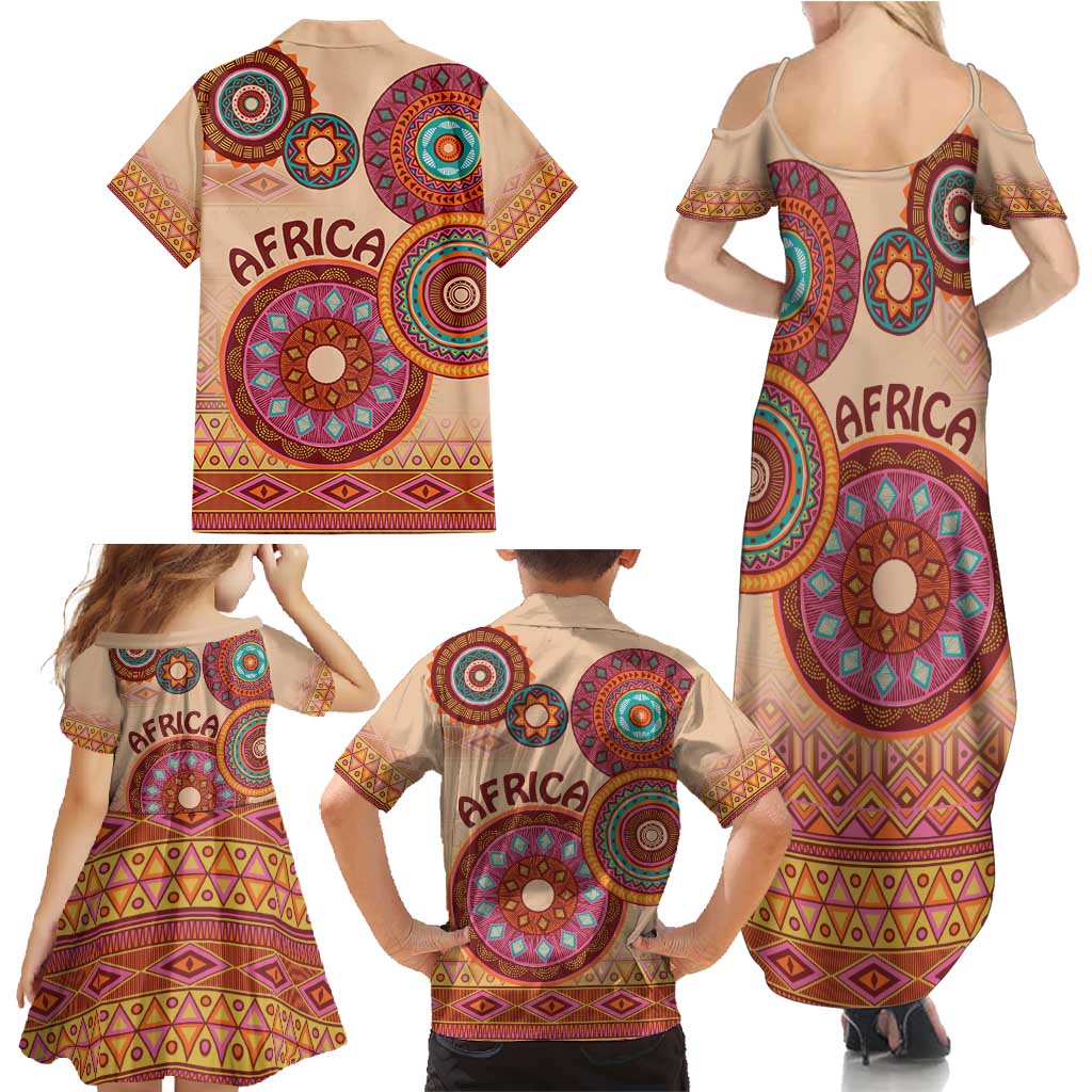 Africa Tribal Traditional Pattern Family Matching Summer Maxi Dress and Hawaiian Shirt Beige Motif - Wonder Print Shop