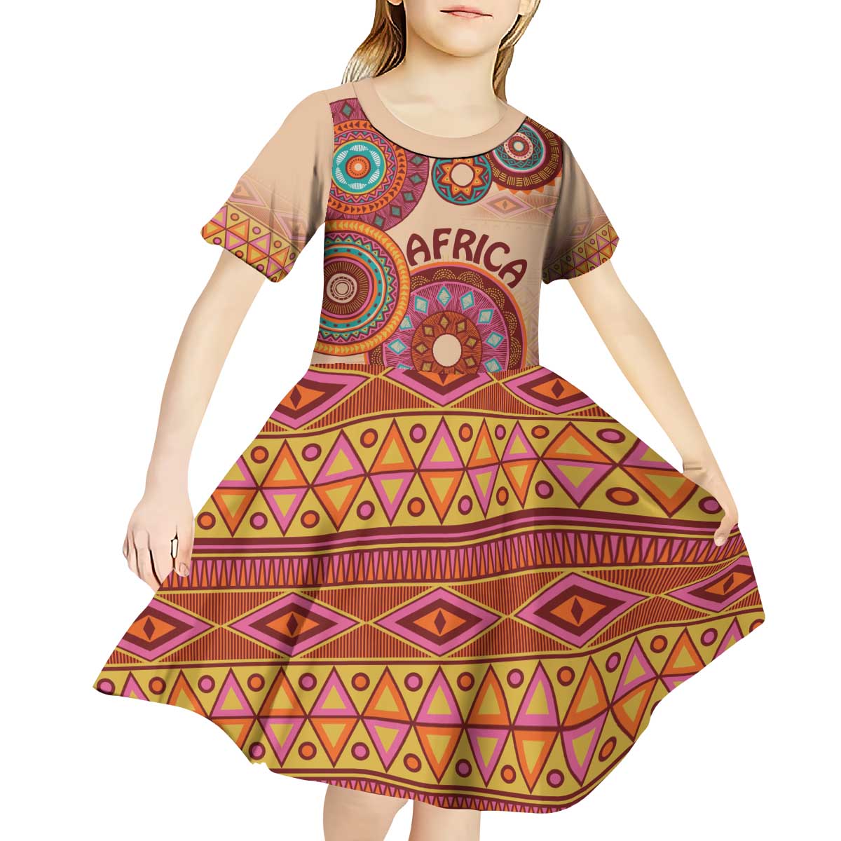 Africa Tribal Traditional Pattern Kid Short Sleeve Dress Beige Motif - Wonder Print Shop