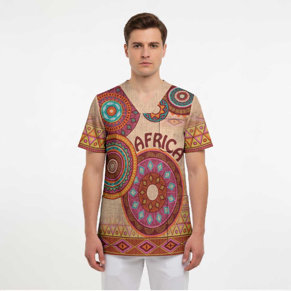 Africa Tribal Traditional Pattern Scrub Top Beige Motif