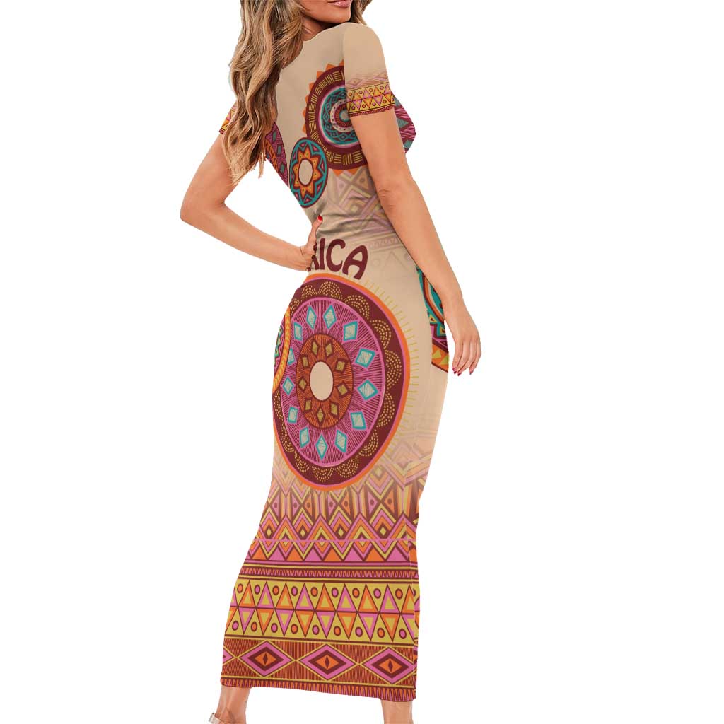 Africa Tribal Traditional Pattern Short Sleeve Bodycon Dress Beige Motif - Wonder Print Shop