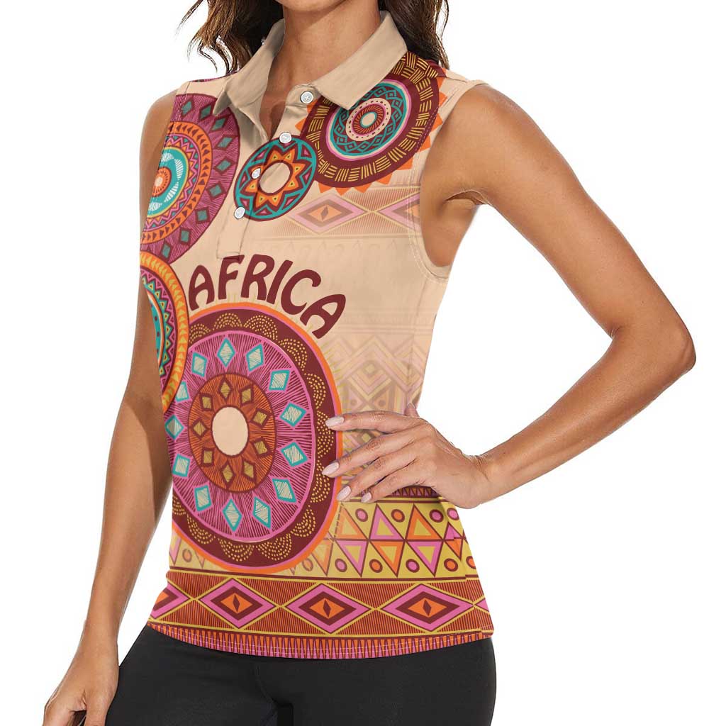 Africa Tribal Traditional Pattern Women Sleeveless Polo Shirt Beige Motif - Wonder Print Shop