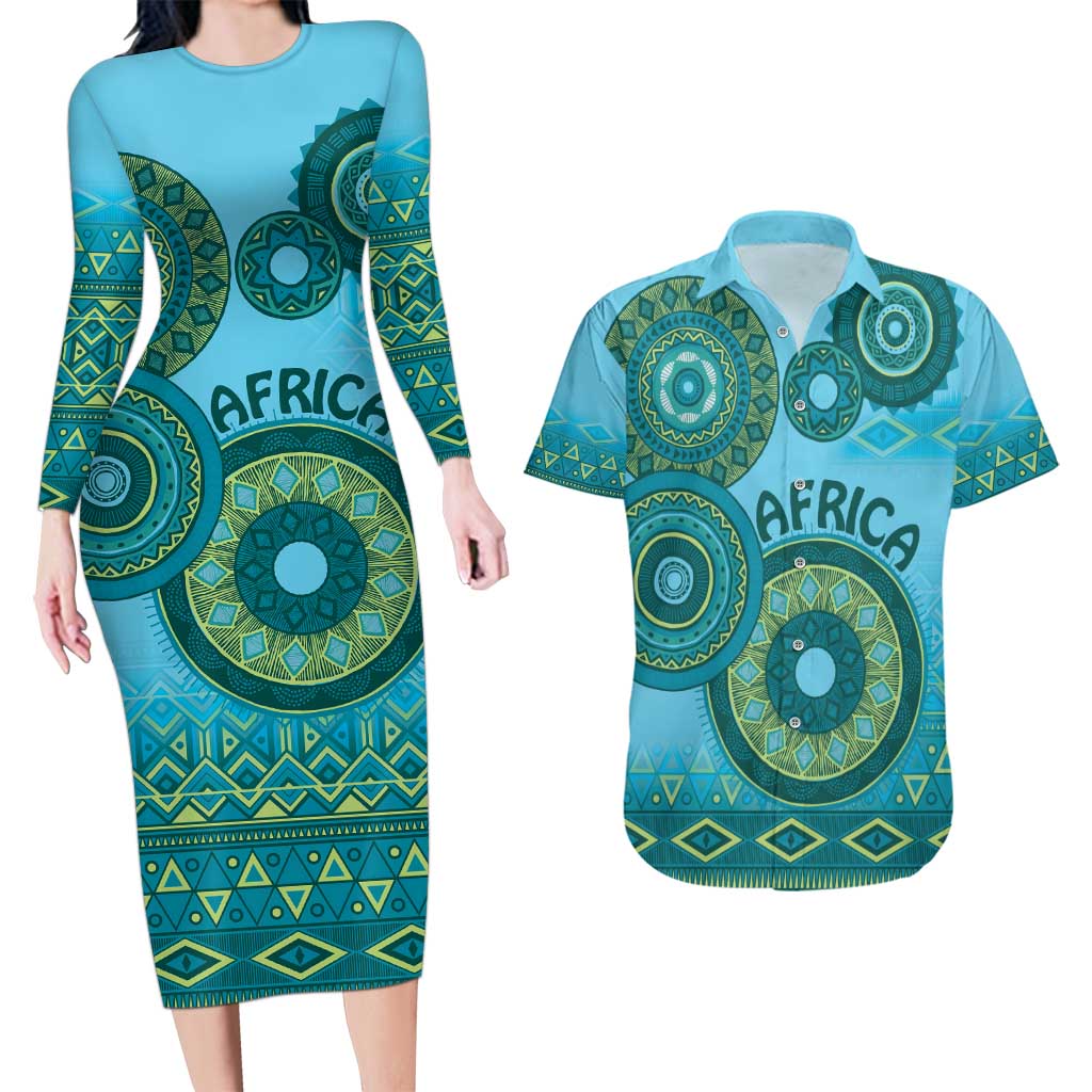 Africa Tribal Traditional Pattern Couples Matching Long Sleeve Bodycon Dress and Hawaiian Shirt Blue Motif LT9 - Wonder Print Shop