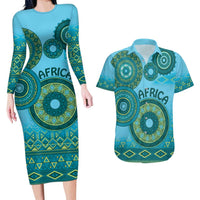 Africa Tribal Traditional Pattern Couples Matching Long Sleeve Bodycon Dress and Hawaiian Shirt Blue Motif LT9 - Wonder Print Shop