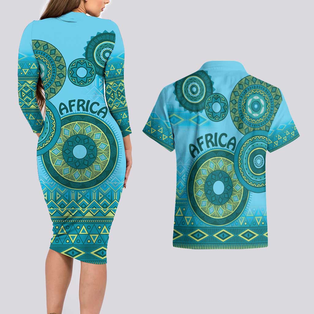 Africa Tribal Traditional Pattern Couples Matching Long Sleeve Bodycon Dress and Hawaiian Shirt Blue Motif LT9 - Wonder Print Shop