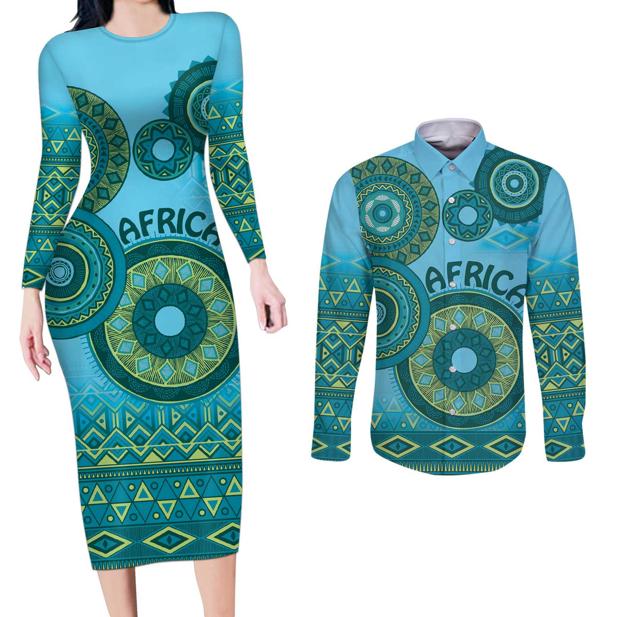 Africa Tribal Traditional Pattern Couples Matching Long Sleeve Bodycon Dress and Long Sleeve Button Shirt Blue Motif LT9 - Wonder Print Shop