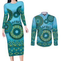 Africa Tribal Traditional Pattern Couples Matching Long Sleeve Bodycon Dress and Long Sleeve Button Shirt Blue Motif LT9 - Wonder Print Shop