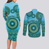 Africa Tribal Traditional Pattern Couples Matching Long Sleeve Bodycon Dress and Long Sleeve Button Shirt Blue Motif LT9 - Wonder Print Shop
