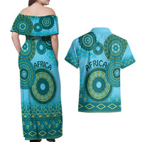 Africa Tribal Traditional Pattern Couples Matching Off Shoulder Maxi Dress and Hawaiian Shirt Blue Motif LT9 - Wonder Print Shop