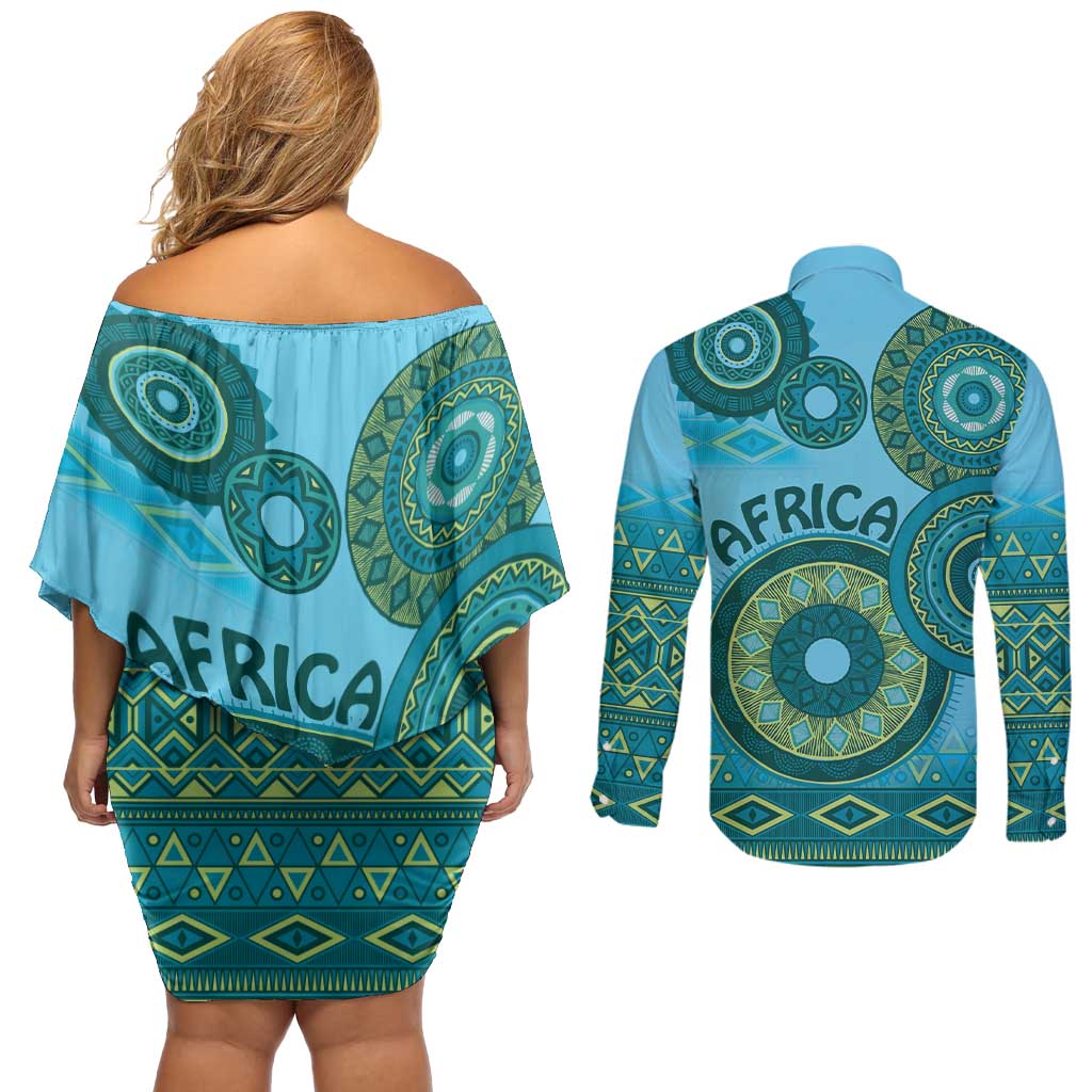 Africa Tribal Traditional Pattern Couples Matching Off Shoulder Short Dress and Long Sleeve Button Shirt Blue Motif LT9 - Wonder Print Shop
