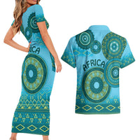 Africa Tribal Traditional Pattern Couples Matching Short Sleeve Bodycon Dress and Hawaiian Shirt Blue Motif LT9 - Wonder Print Shop