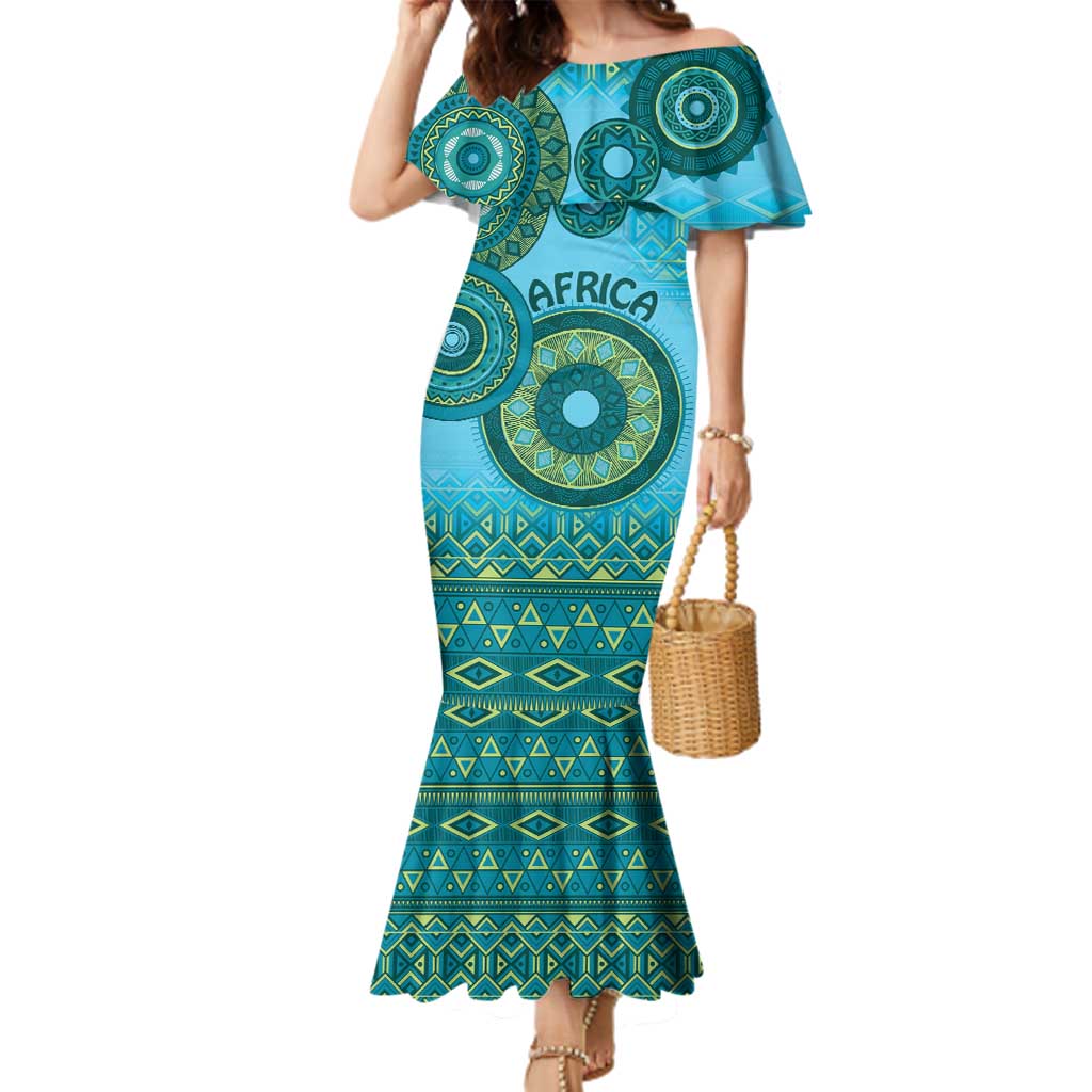 Africa Tribal Traditional Pattern Family Matching Mermaid Dress and Hawaiian Shirt Blue Motif LT9 - Wonder Print Shop