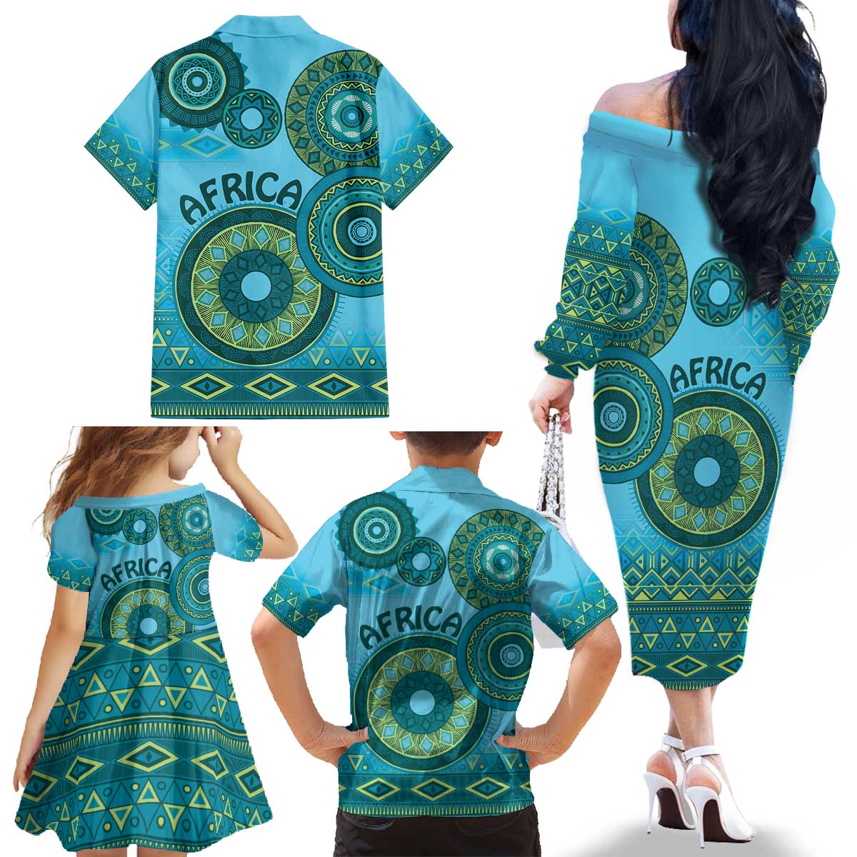 Africa Tribal Traditional Pattern Family Matching Off The Shoulder Long Sleeve Dress and Hawaiian Shirt Blue Motif - Wonder Print Shop