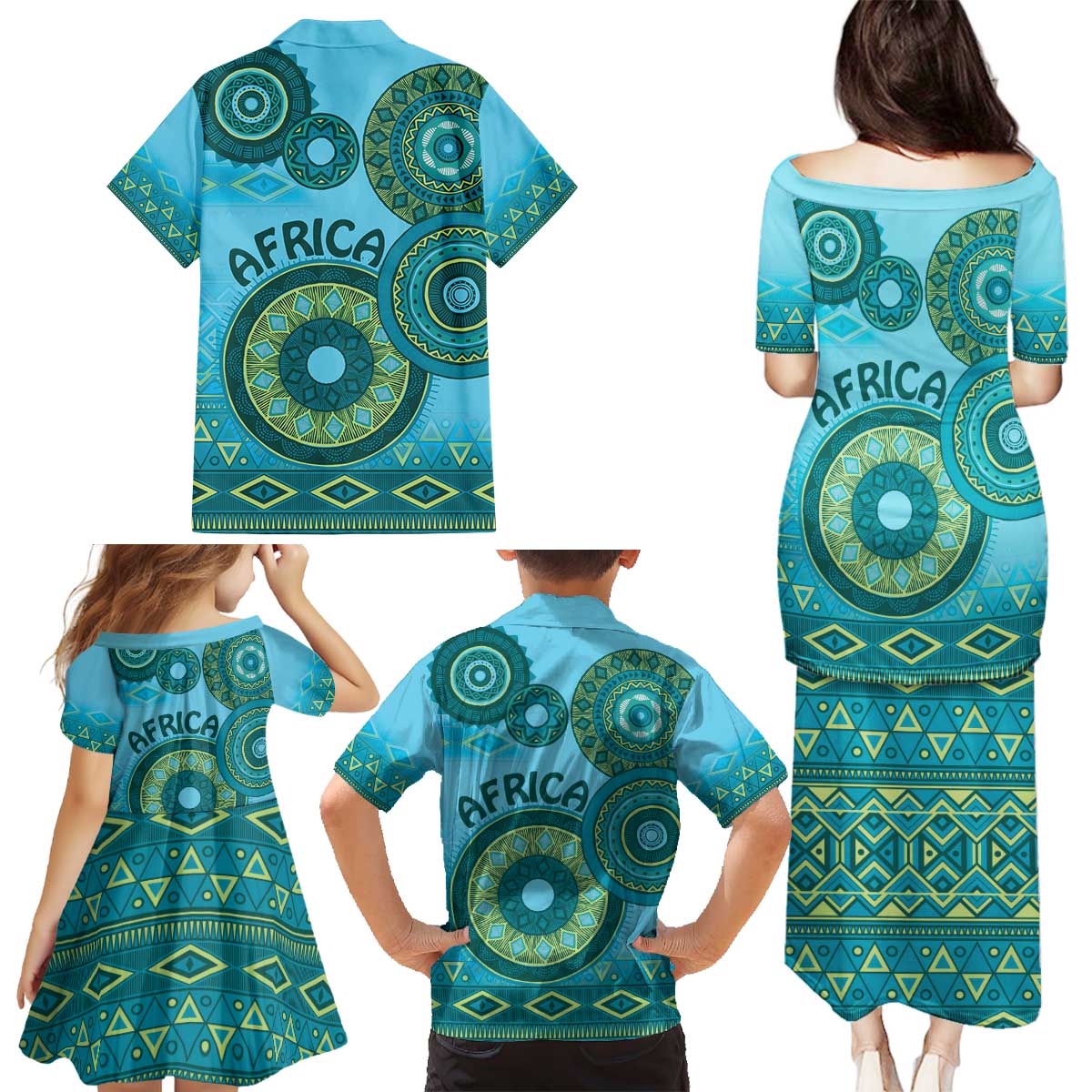 Africa Tribal Traditional Pattern Family Matching Puletasi and Hawaiian Shirt Blue Motif - Wonder Print Shop