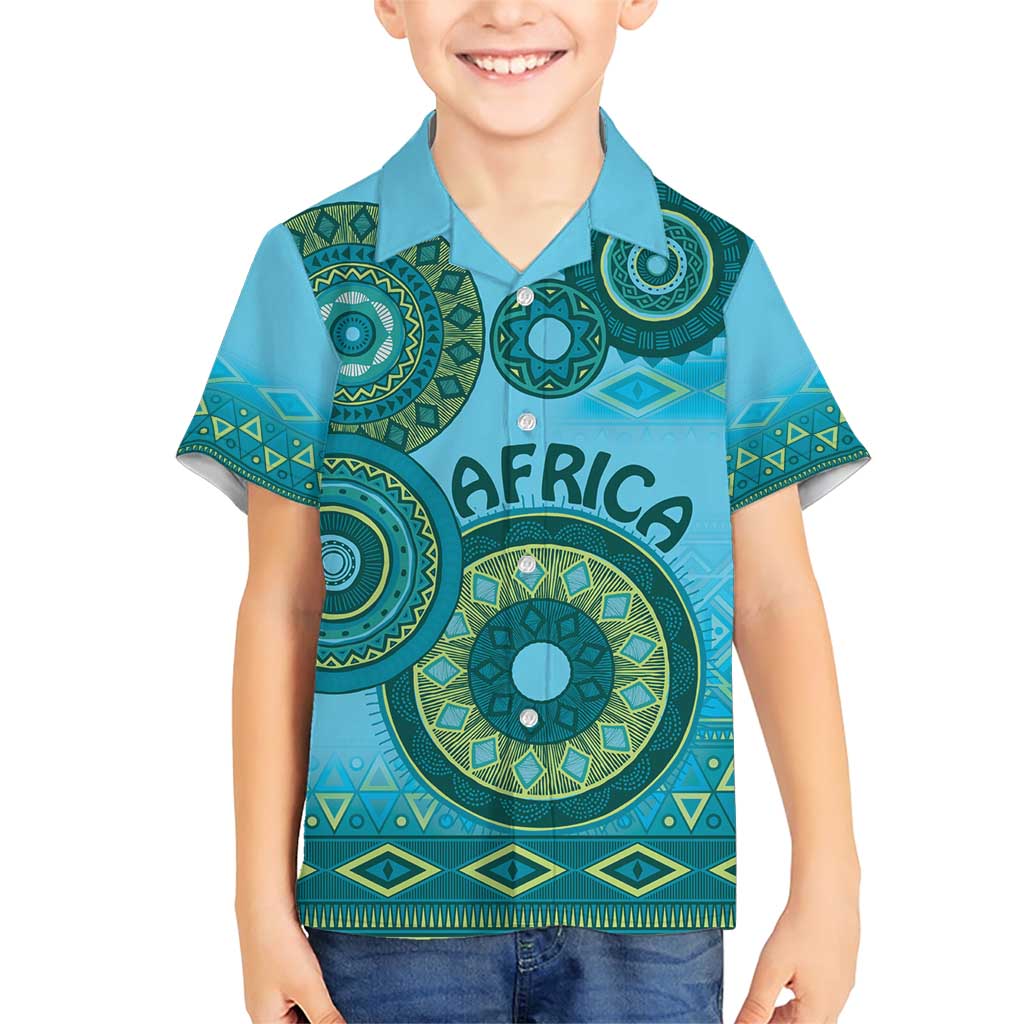 Africa Tribal Traditional Pattern Family Matching Short Sleeve Bodycon Dress and Hawaiian Shirt Blue Motif - Wonder Print Shop