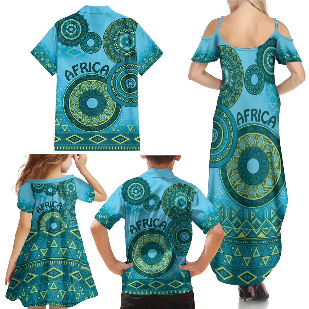 Africa Tribal Traditional Pattern Family Matching Summer Maxi Dress and Hawaiian Shirt Blue Motif - Wonder Print Shop