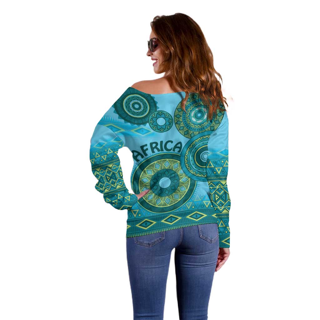 Africa Tribal Traditional Pattern Off Shoulder Sweater Blue Motif - Wonder Print Shop