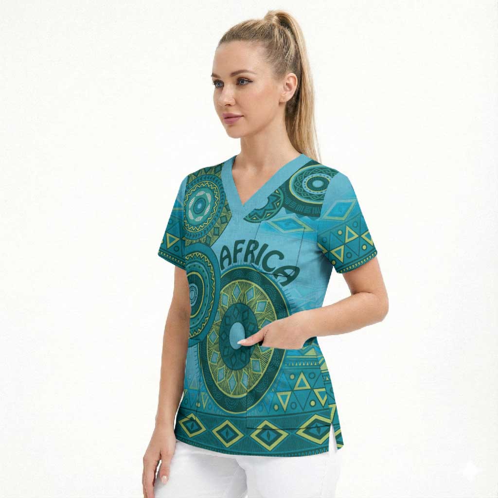 Africa Tribal Traditional Pattern Scrub Top Blue Motif