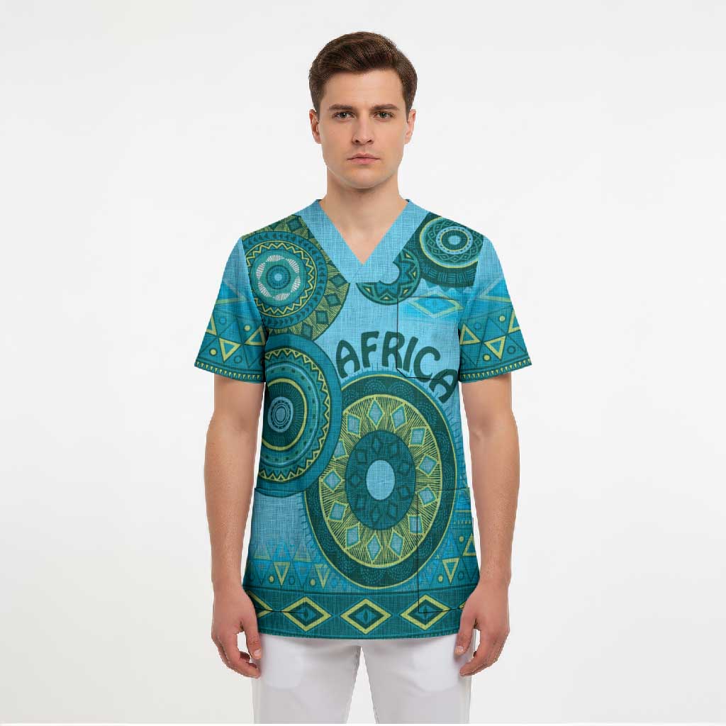 Africa Tribal Traditional Pattern Scrub Top Blue Motif