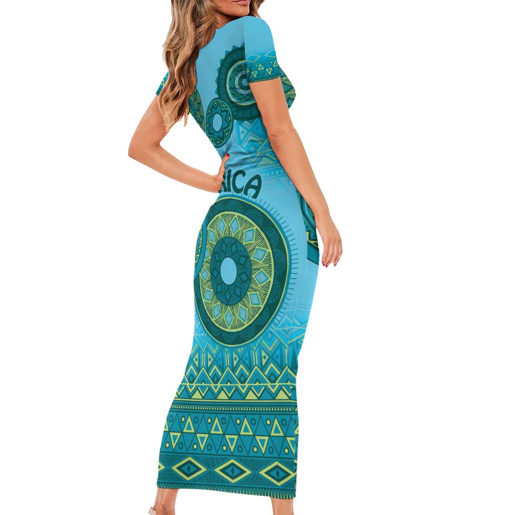 Africa Tribal Traditional Pattern Short Sleeve Bodycon Dress Blue Motif - Wonder Print Shop