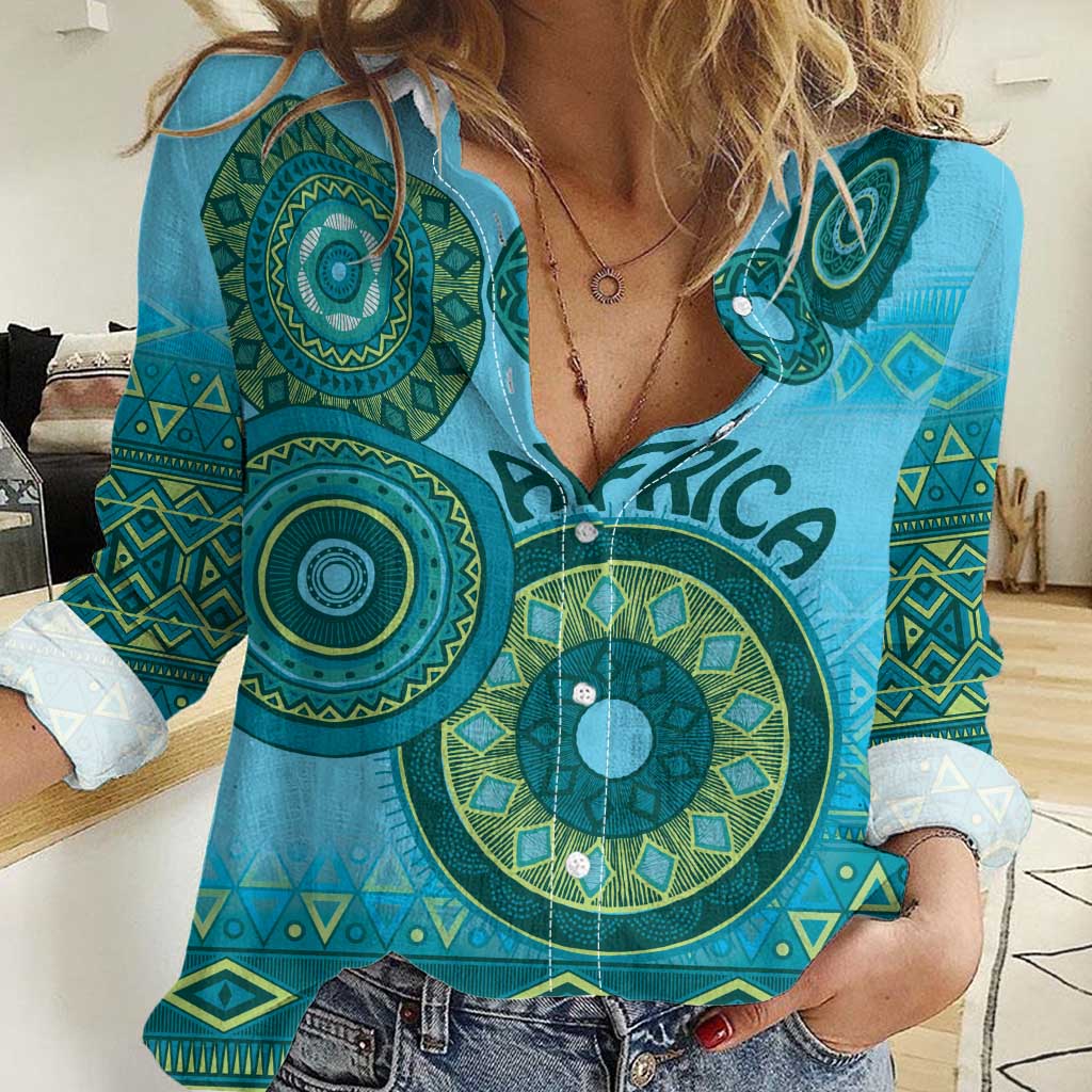 Africa Tribal Traditional Pattern Women Casual Shirt Blue Motif - Wonder Print Shop