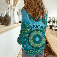 Africa Tribal Traditional Pattern Women Casual Shirt Blue Motif - Wonder Print Shop