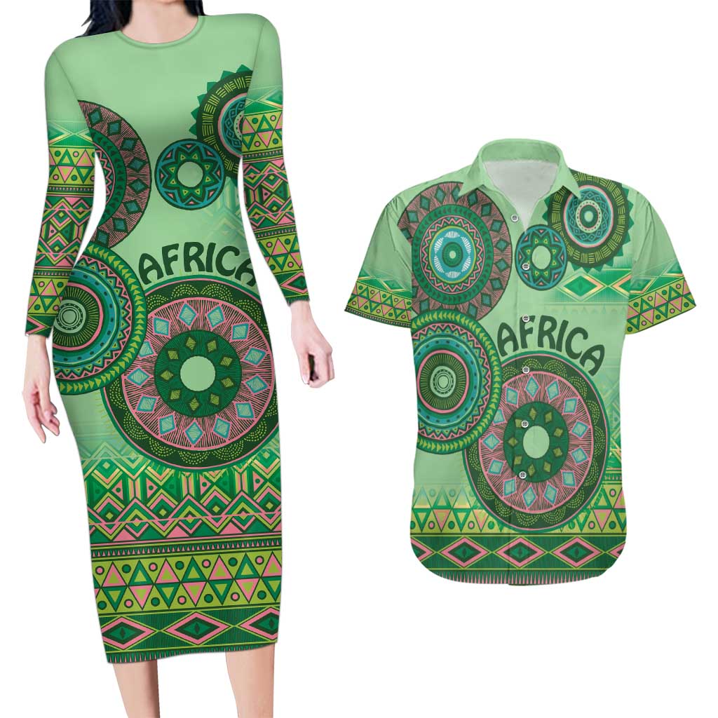 Africa Tribal Traditional Pattern Couples Matching Long Sleeve Bodycon Dress and Hawaiian Shirt Green Motif LT9 - Wonder Print Shop