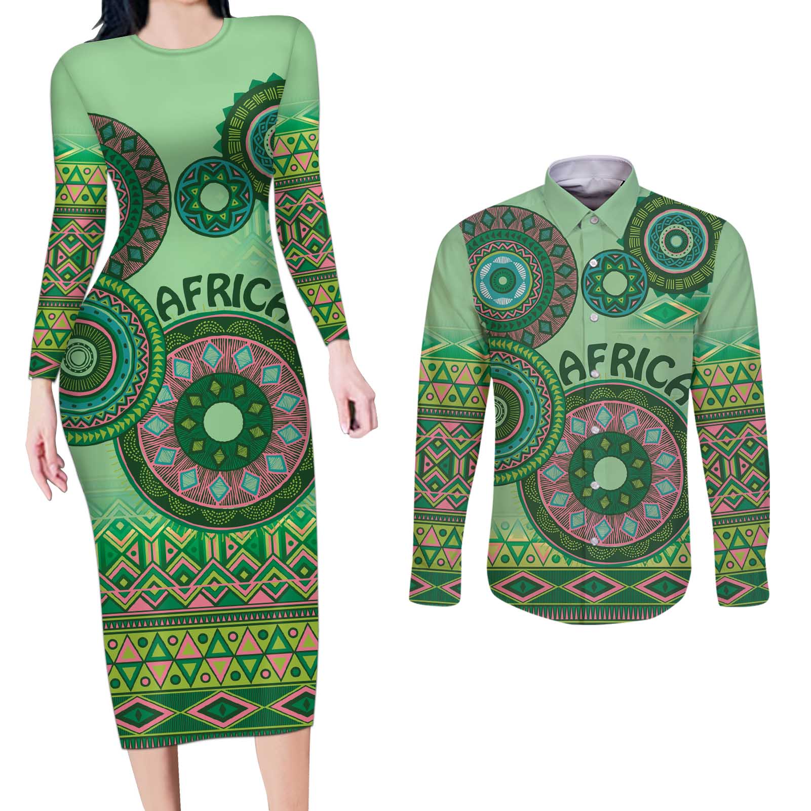 Africa Tribal Traditional Pattern Couples Matching Long Sleeve Bodycon Dress and Long Sleeve Button Shirt Green Motif LT9 - Wonder Print Shop