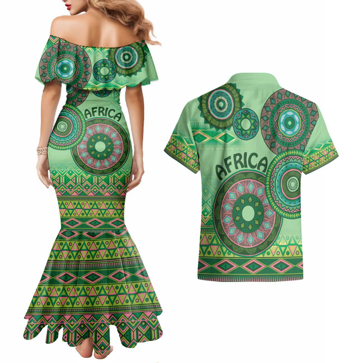 Africa Tribal Traditional Pattern Couples Matching Mermaid Dress and Hawaiian Shirt Green Motif LT9 - Wonder Print Shop
