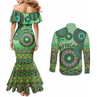 Africa Tribal Traditional Pattern Couples Matching Mermaid Dress and Long Sleeve Button Shirt Green Motif