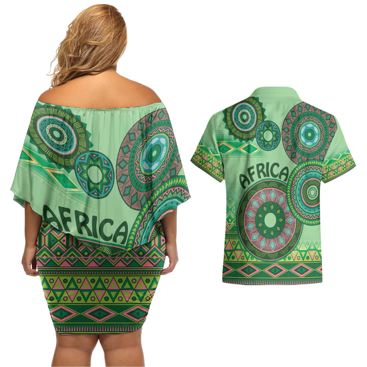 Africa Tribal Traditional Pattern Couples Matching Off Shoulder Short Dress and Hawaiian Shirt Green Motif LT9 - Wonder Print Shop
