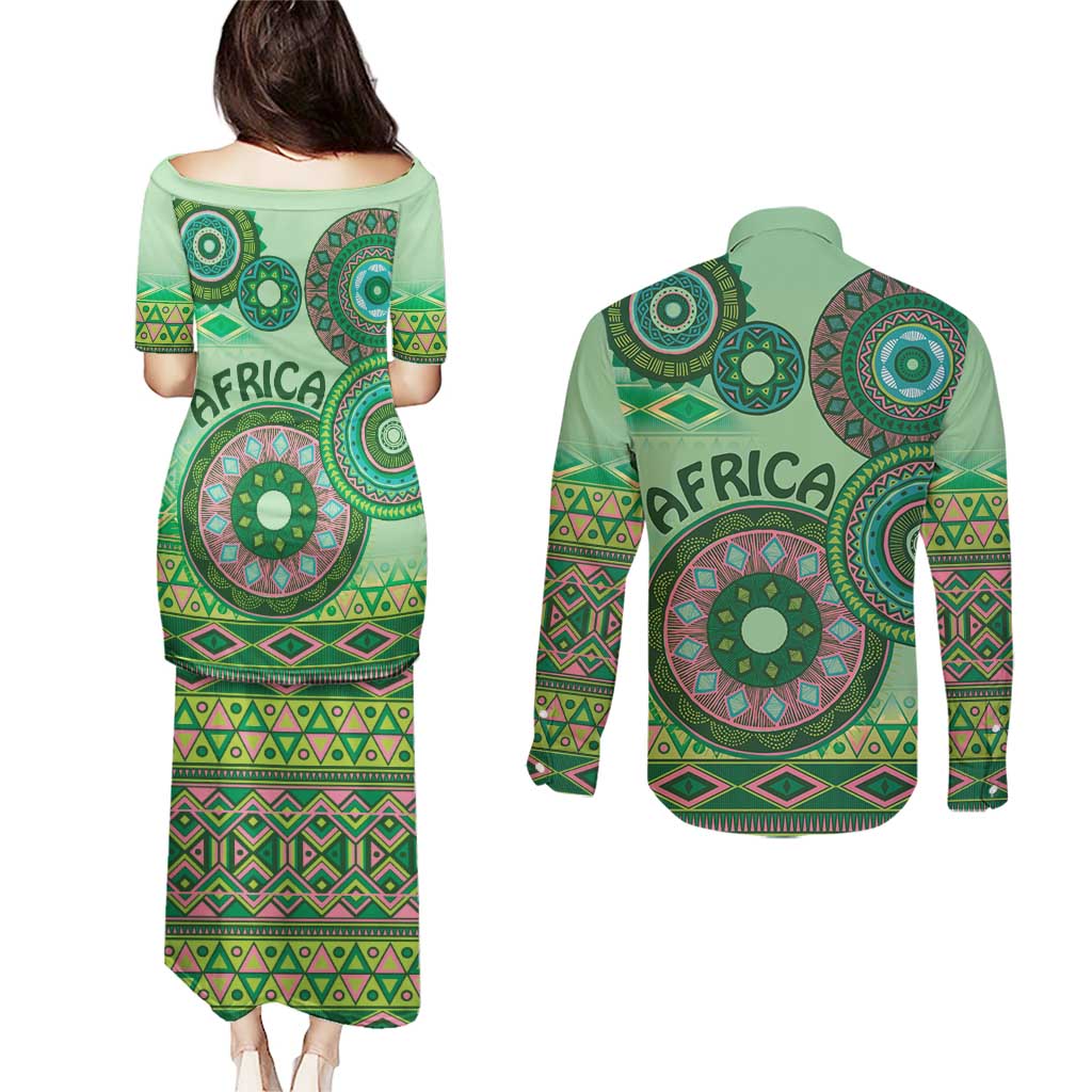 Africa Tribal Traditional Pattern Couples Matching Puletasi and Long Sleeve Button Shirt Green Motif LT9 - Wonder Print Shop