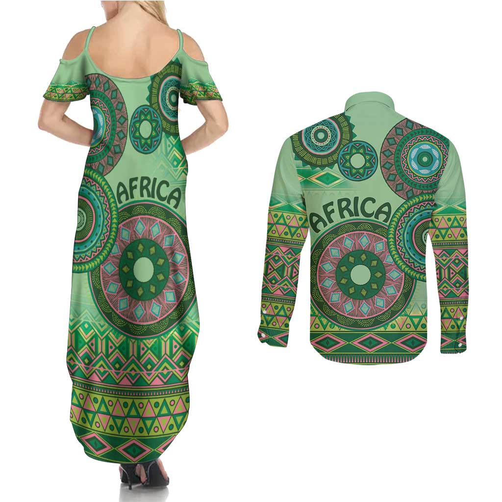 Africa Tribal Traditional Pattern Couples Matching Summer Maxi Dress and Long Sleeve Button Shirt Green Motif LT9 - Wonder Print Shop