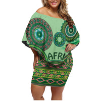 Africa Tribal Traditional Pattern Family Matching Off Shoulder Short Dress and Hawaiian Shirt Green Motif LT9 - Wonder Print Shop