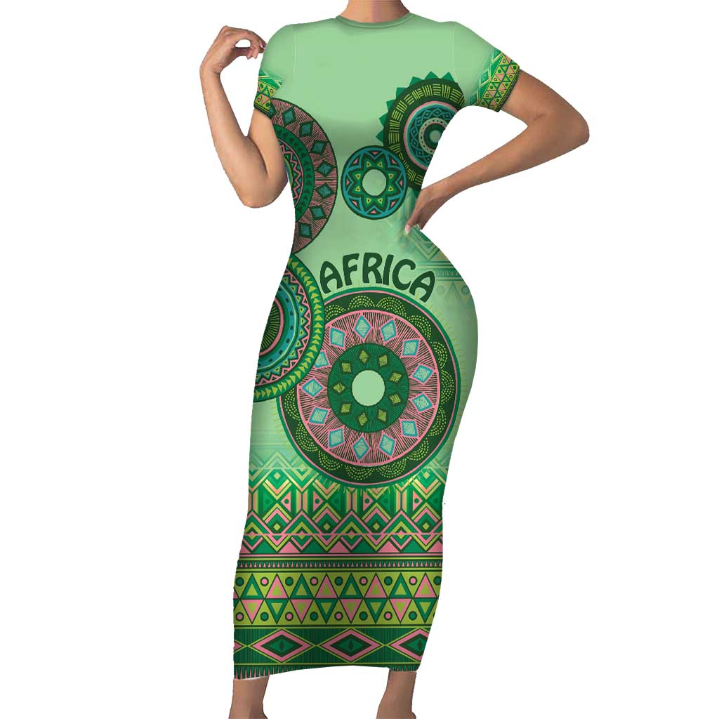 Africa Tribal Traditional Pattern Family Matching Short Sleeve Bodycon Dress and Hawaiian Shirt Green Motif - Wonder Print Shop