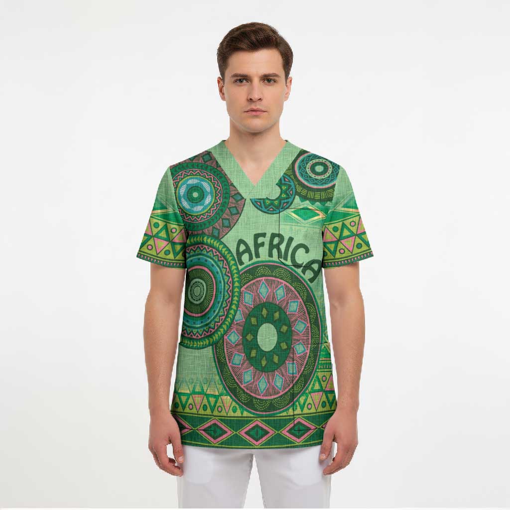 Africa Tribal Traditional Pattern Scrub Top Green Motif