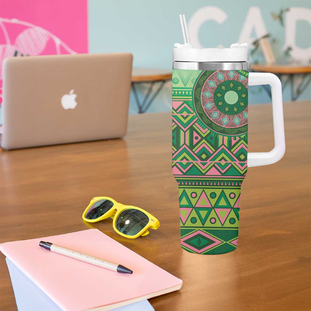 Africa Tribal Traditional Pattern Tumbler With Handle Green Motif - Wonder Print Shop