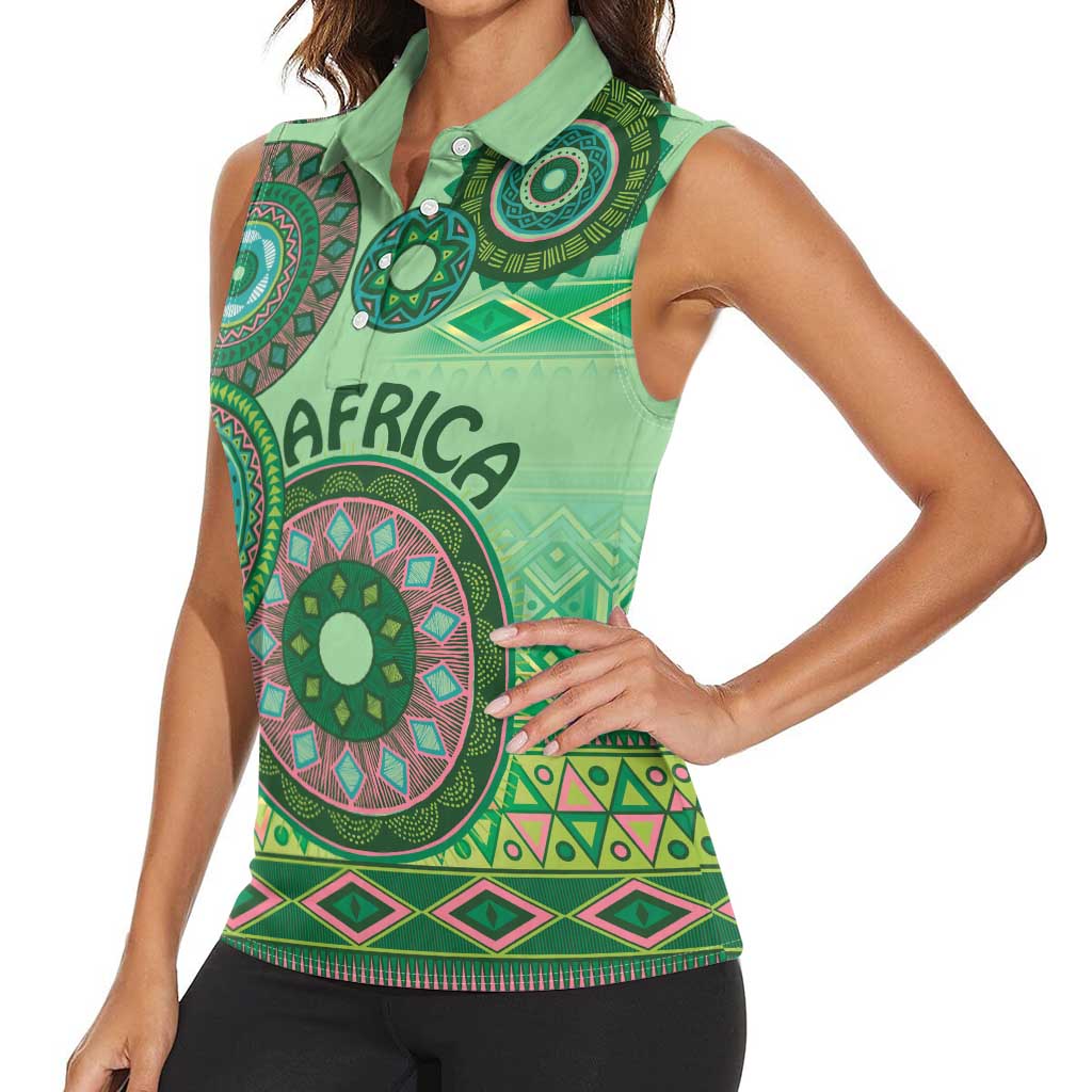Africa Tribal Traditional Pattern Women Sleeveless Polo Shirt Green Motif - Wonder Print Shop