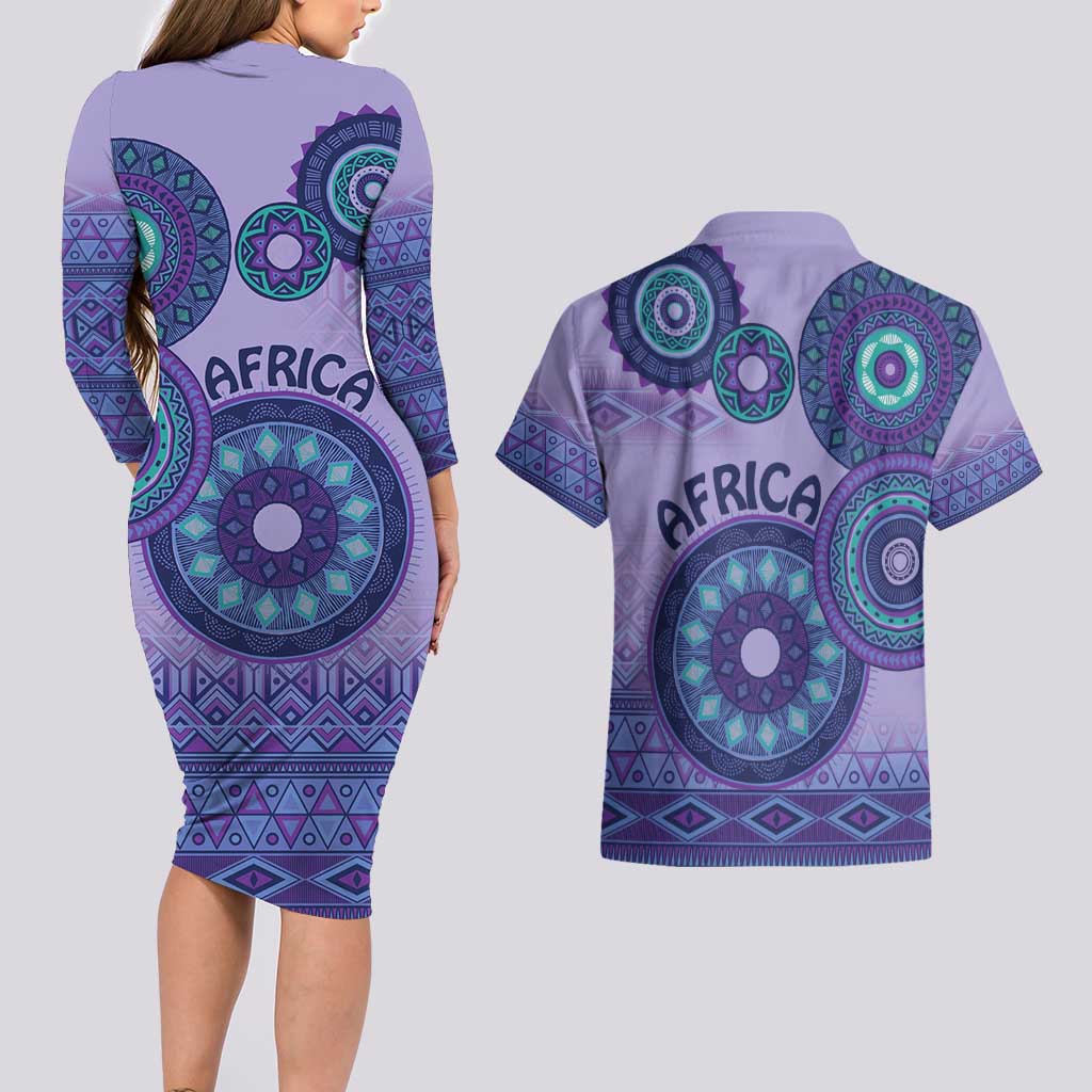 Africa Tribal Traditional Pattern Couples Matching Long Sleeve Bodycon Dress and Hawaiian Shirt Purple Motif LT9 - Wonder Print Shop