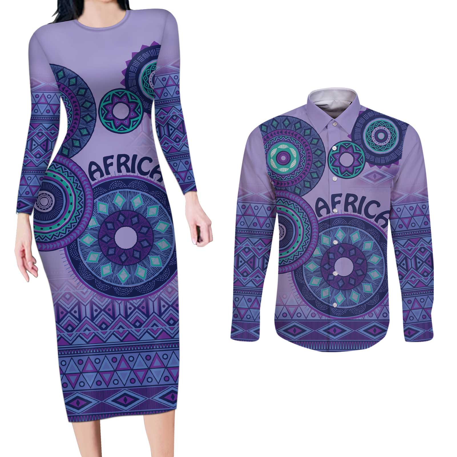 Africa Tribal Traditional Pattern Couples Matching Long Sleeve Bodycon Dress and Long Sleeve Button Shirt Purple Motif LT9 - Wonder Print Shop