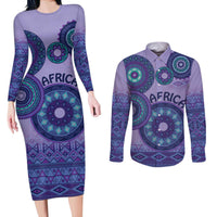 Africa Tribal Traditional Pattern Couples Matching Long Sleeve Bodycon Dress and Long Sleeve Button Shirt Purple Motif LT9 - Wonder Print Shop