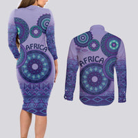 Africa Tribal Traditional Pattern Couples Matching Long Sleeve Bodycon Dress and Long Sleeve Button Shirt Purple Motif LT9 - Wonder Print Shop