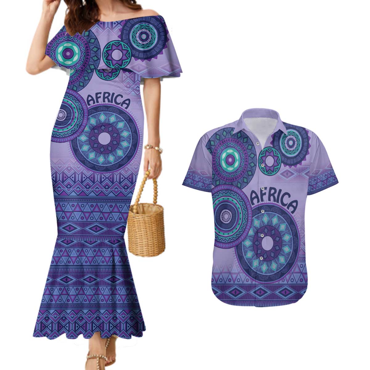 Africa Tribal Traditional Pattern Couples Matching Mermaid Dress and Hawaiian Shirt Purple Motif LT9 - Wonder Print Shop