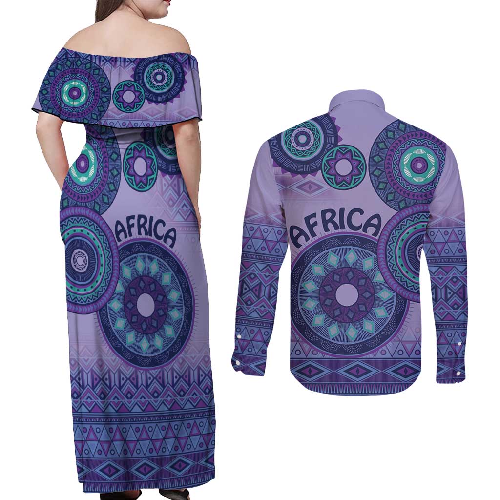 Africa Tribal Traditional Pattern Couples Matching Off Shoulder Maxi Dress and Long Sleeve Button Shirt Purple Motif LT9 - Wonder Print Shop