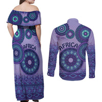 Africa Tribal Traditional Pattern Couples Matching Off Shoulder Maxi Dress and Long Sleeve Button Shirt Purple Motif LT9 - Wonder Print Shop