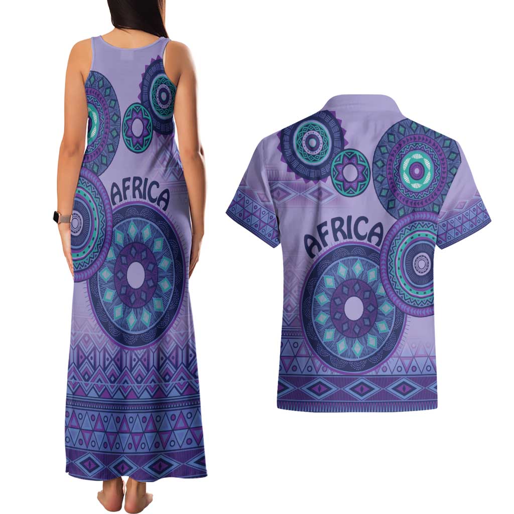 Africa Tribal Traditional Pattern Couples Matching Tank Maxi Dress and Hawaiian Shirt Purple Motif LT9 - Wonder Print Shop