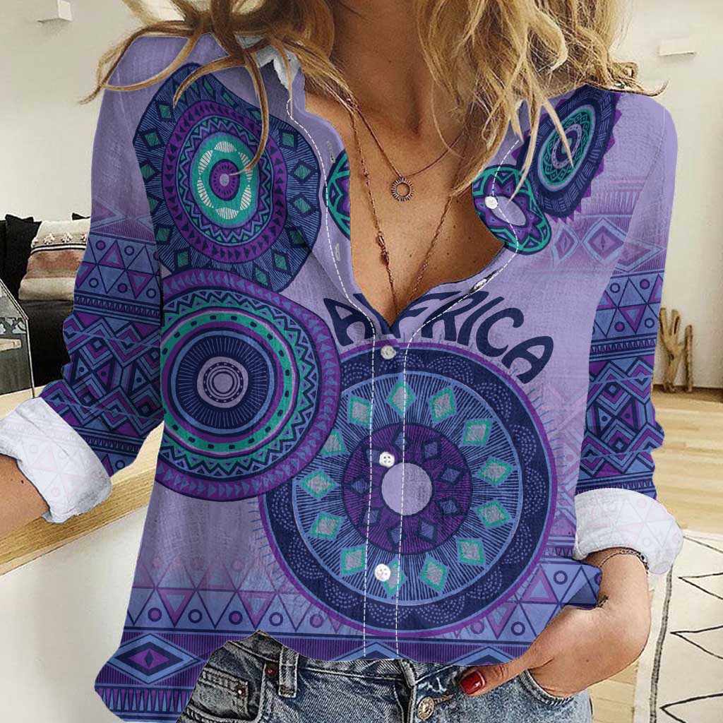 Africa Tribal Traditional Pattern Women Casual Shirt Purple Motif - Wonder Print Shop