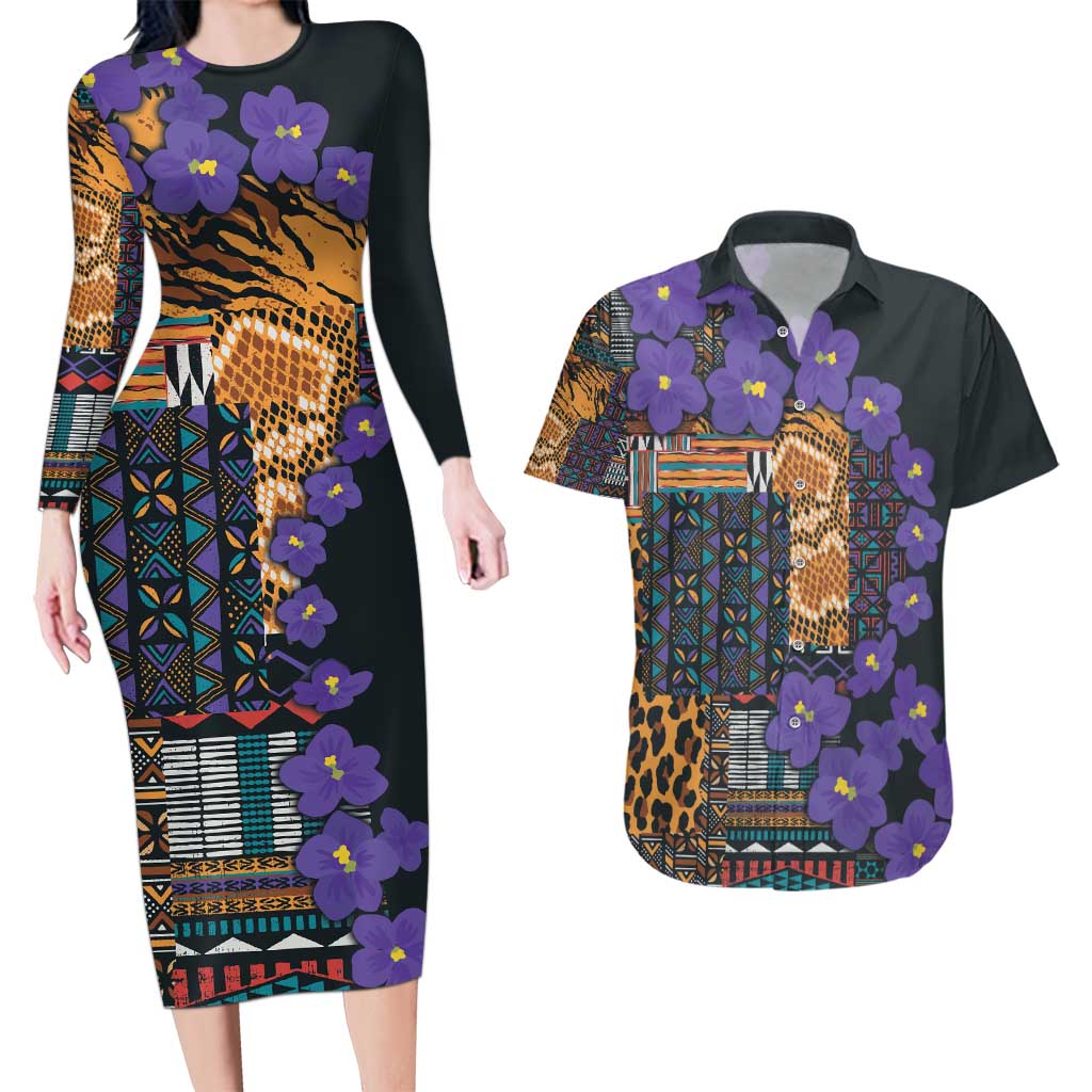Africa Violets Flowers Couples Matching Long Sleeve Bodycon Dress and Hawaiian Shirt Mix Native Tribal Pattern LT9 - Wonder Print Shop
