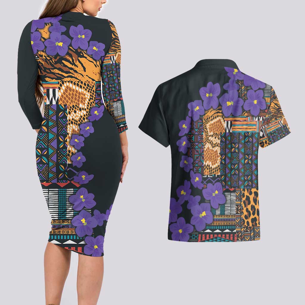 Africa Violets Flowers Couples Matching Long Sleeve Bodycon Dress and Hawaiian Shirt Mix Native Tribal Pattern LT9 - Wonder Print Shop