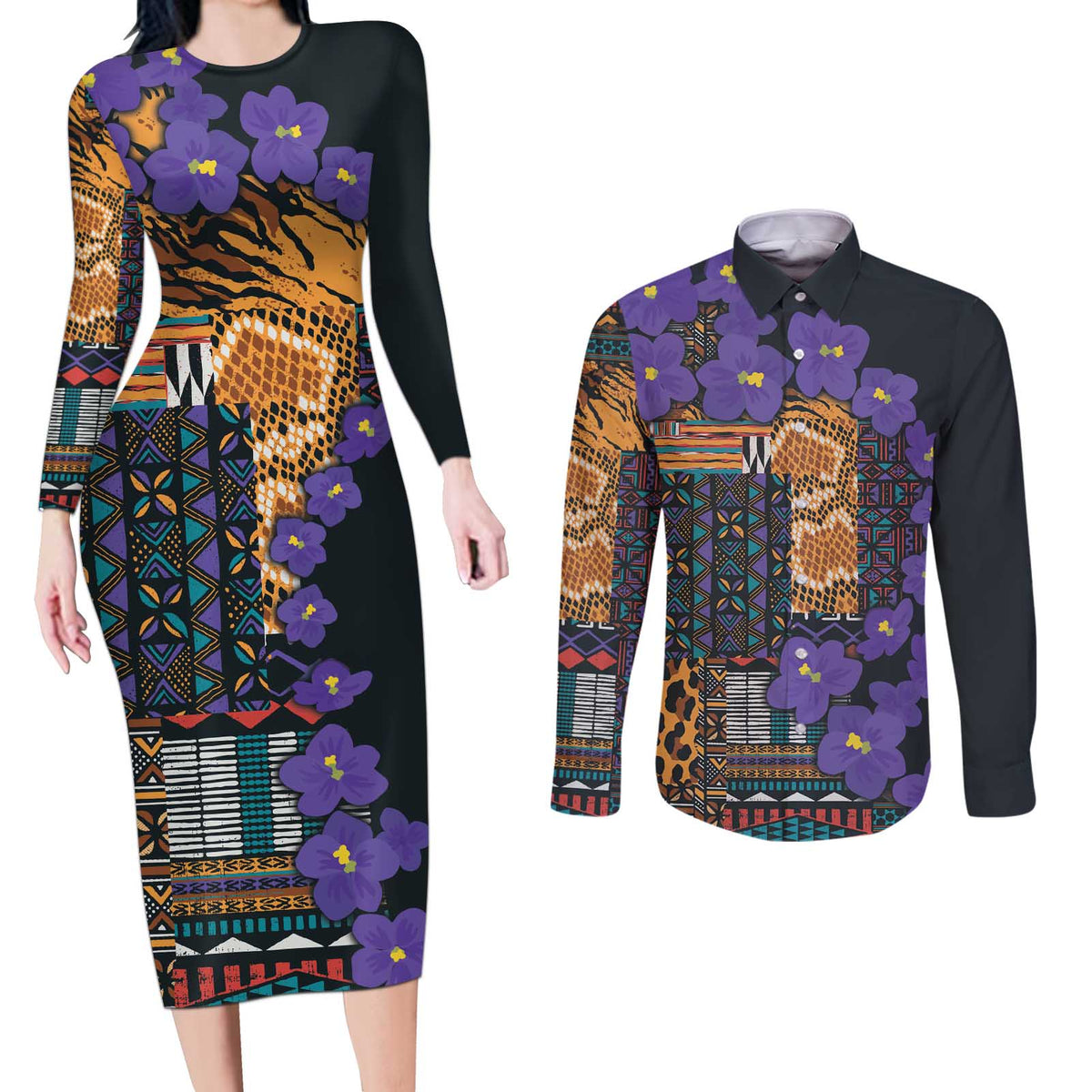 Africa Violets Flowers Couples Matching Long Sleeve Bodycon Dress and Long Sleeve Button Shirt Mix Native Tribal Pattern LT9 - Wonder Print Shop
